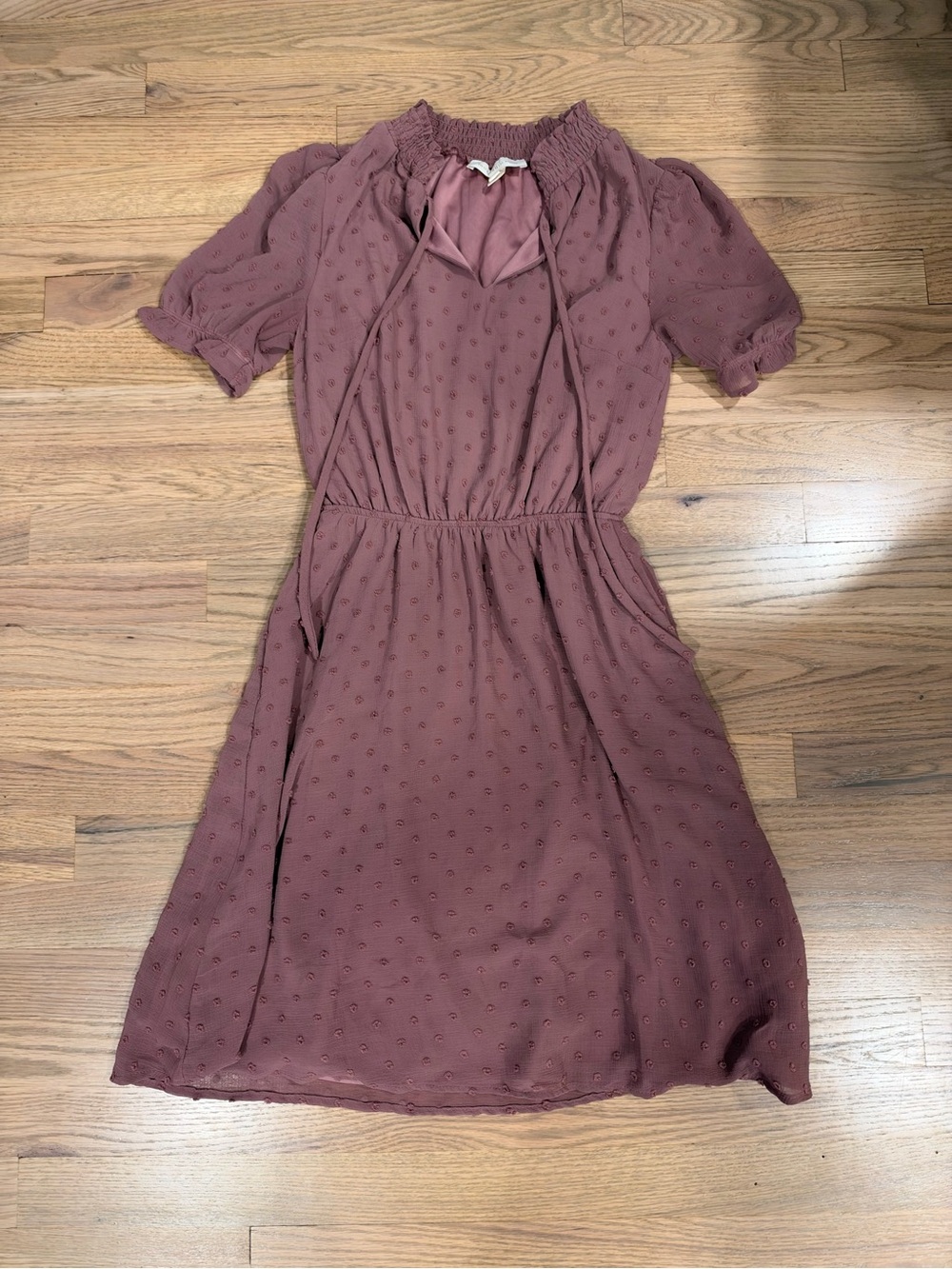Smocked Neck Mauve Midi Dress with Tie Detail